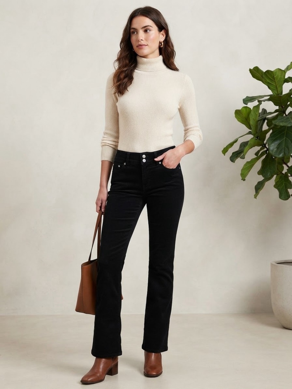 LONDONJEAN Black Flare Jeans with Button Waist